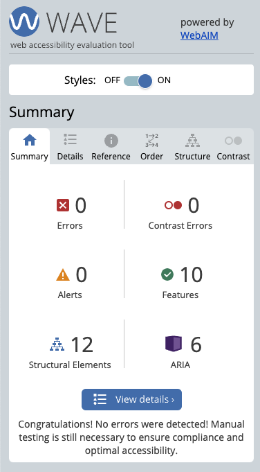 WAVE tool accessibility report for this site